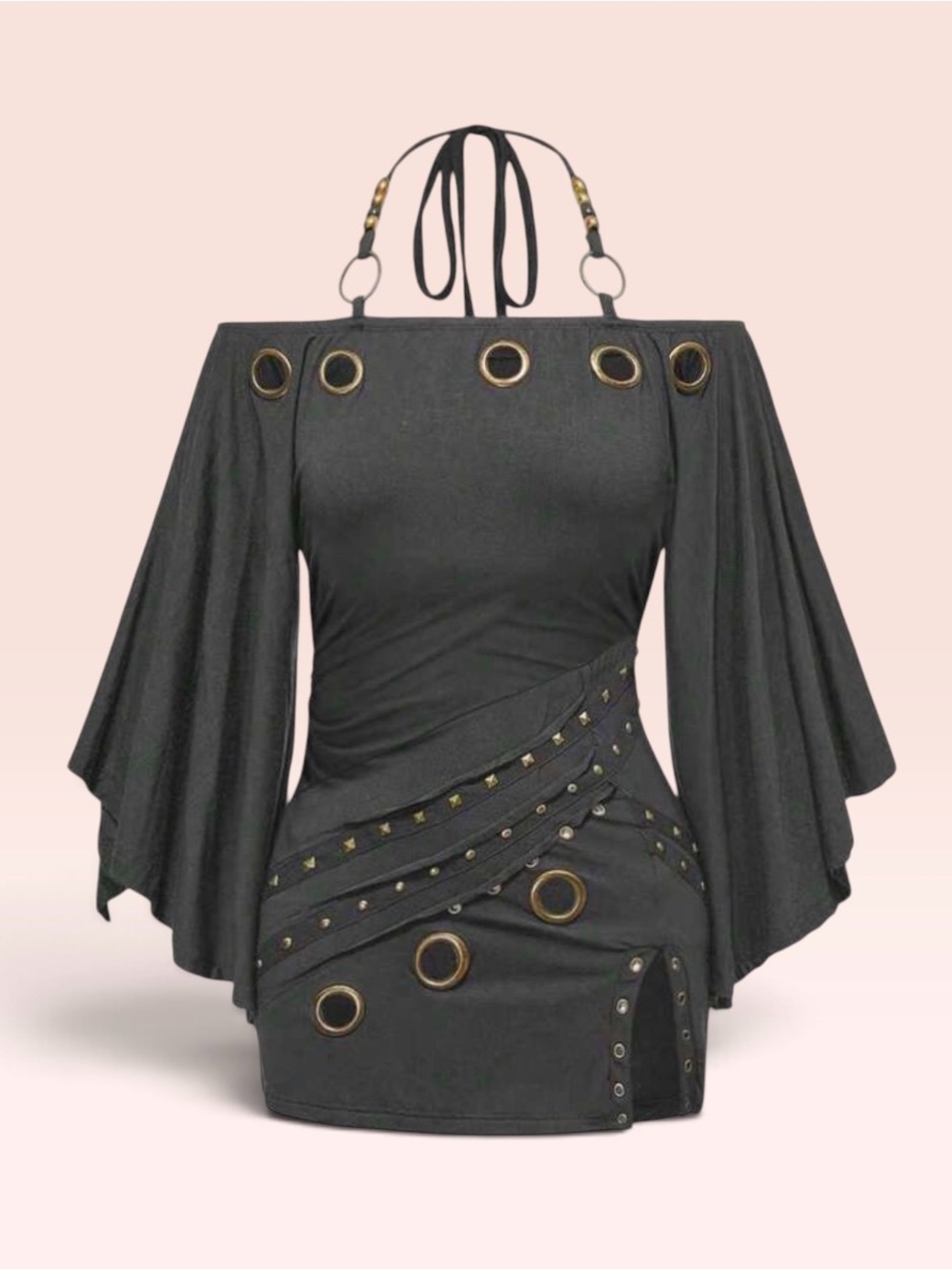 SHEIN Black Off-Shoulder Mini Dress with Grommet & Stud Details